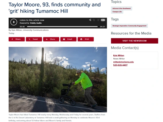 Screenshot of UA News Article on Taylor Moore