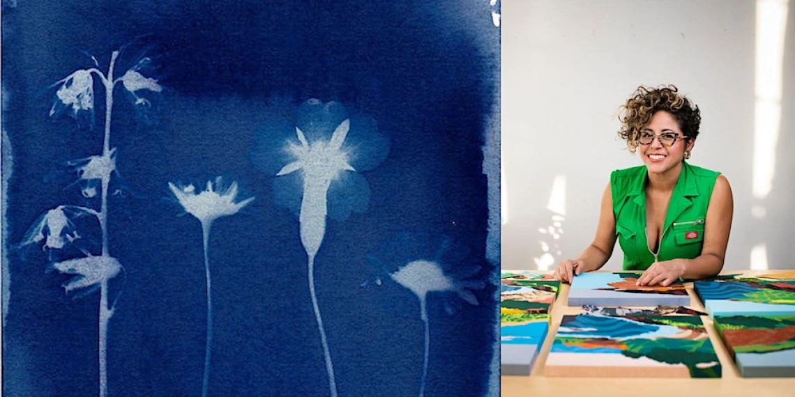Split image of a flower cyanotype and artist Favianna Rodriguez