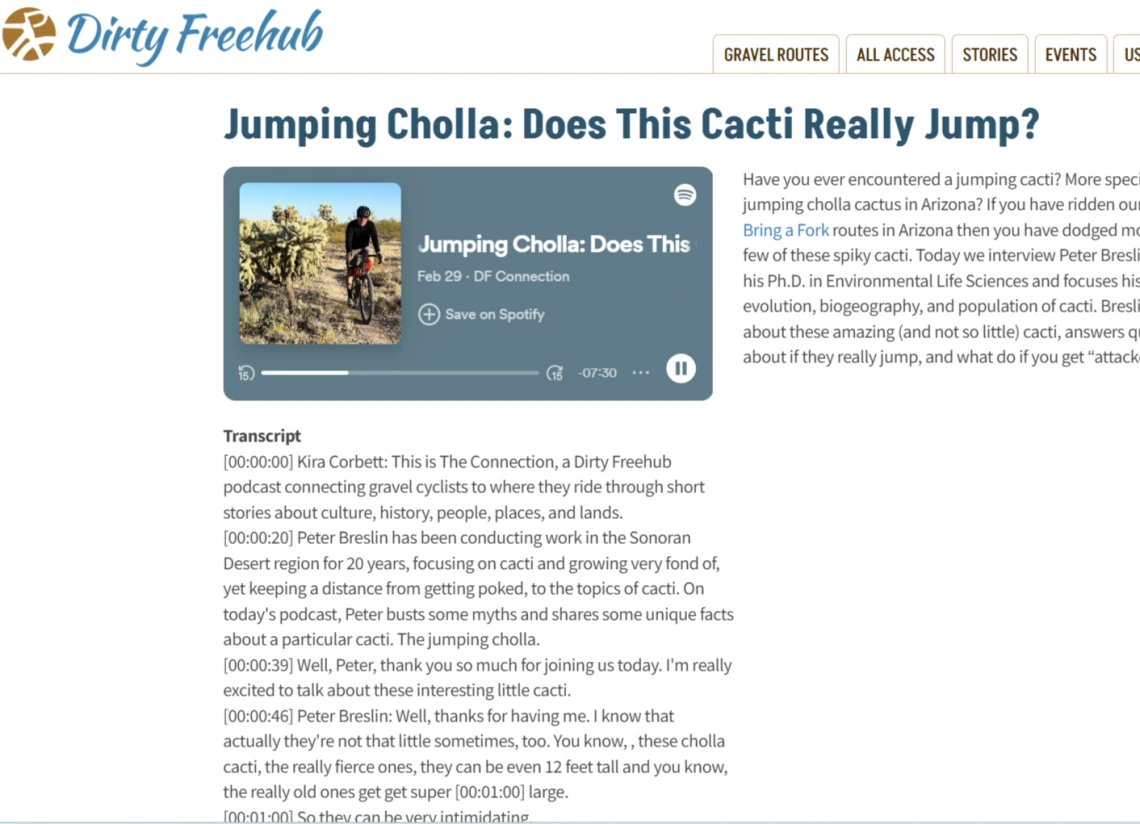 Screenshot of podcast article on Jumping Cholla Cactus