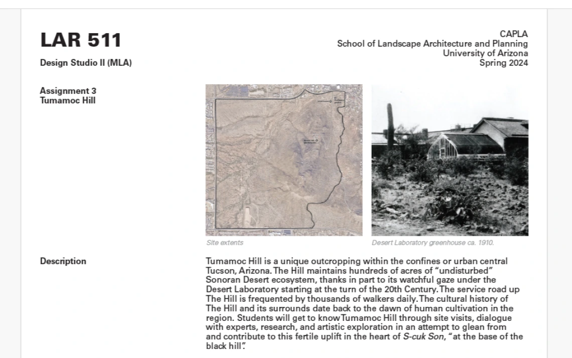 Landscape Architecture University of Arizona Class project description regarding Tumamoc Hill