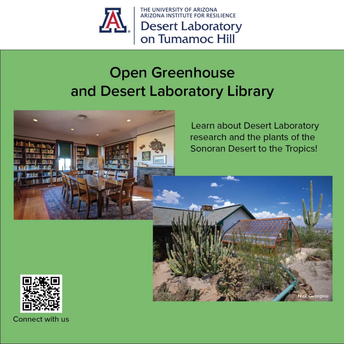 Flyer for Open Greenhouse and Library with one image of the inside of the library, and the other of the outside of the Greenhouse.