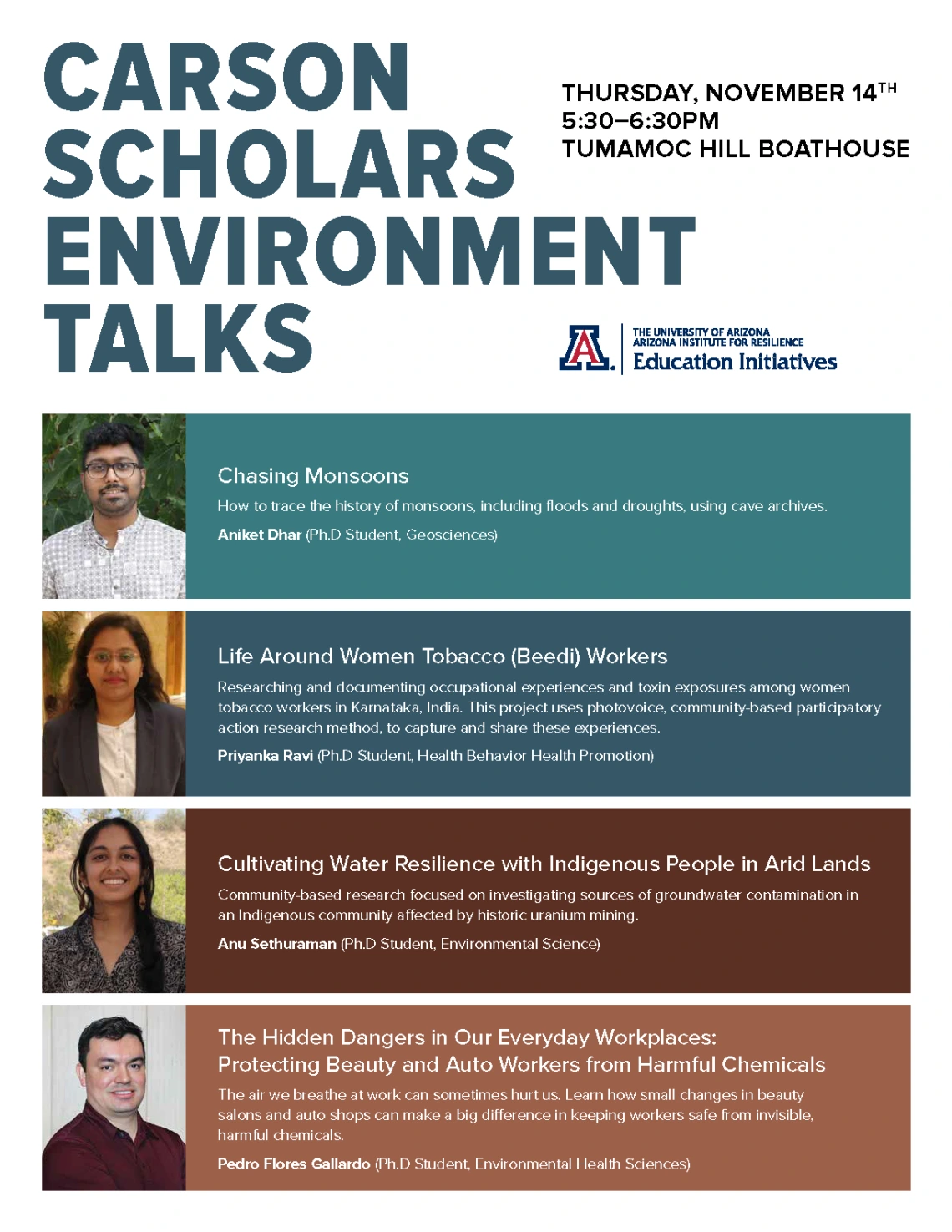 Flyer for 11-14-2024 UA Carson Scholar Science Talks