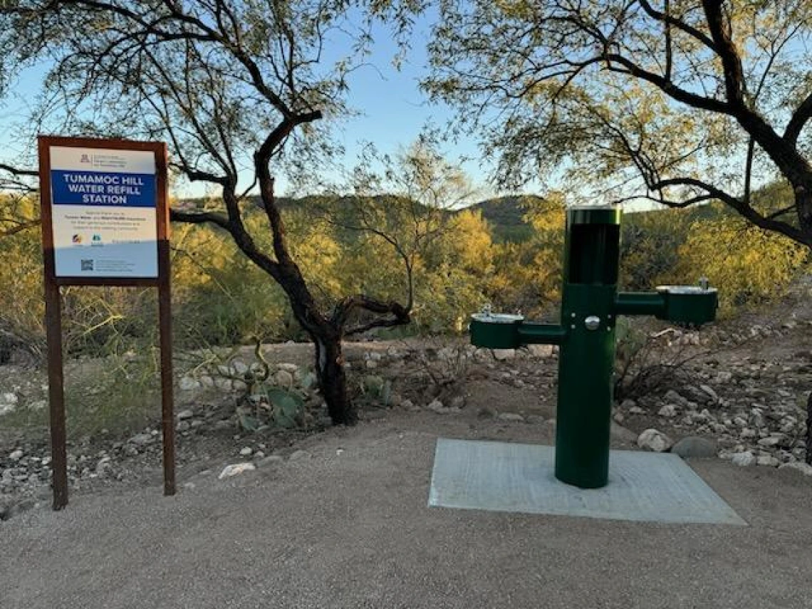 Photo of newly installed water fountain at the base of Tumamoc Hill