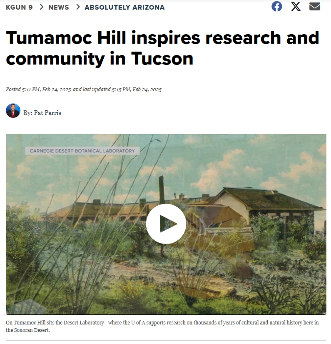 Screenshot of KGUN9 News article about Tumamoc Hill