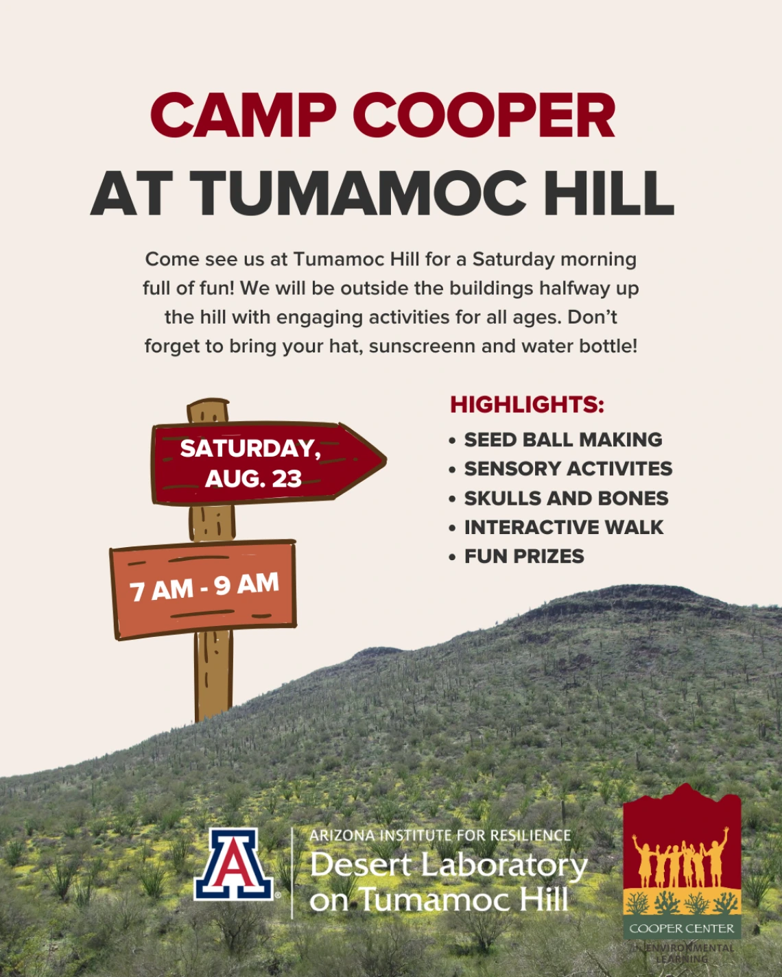 Flyer for Camp Cooper August 23rd, 7am to 9am event on Tumamoc Hill
