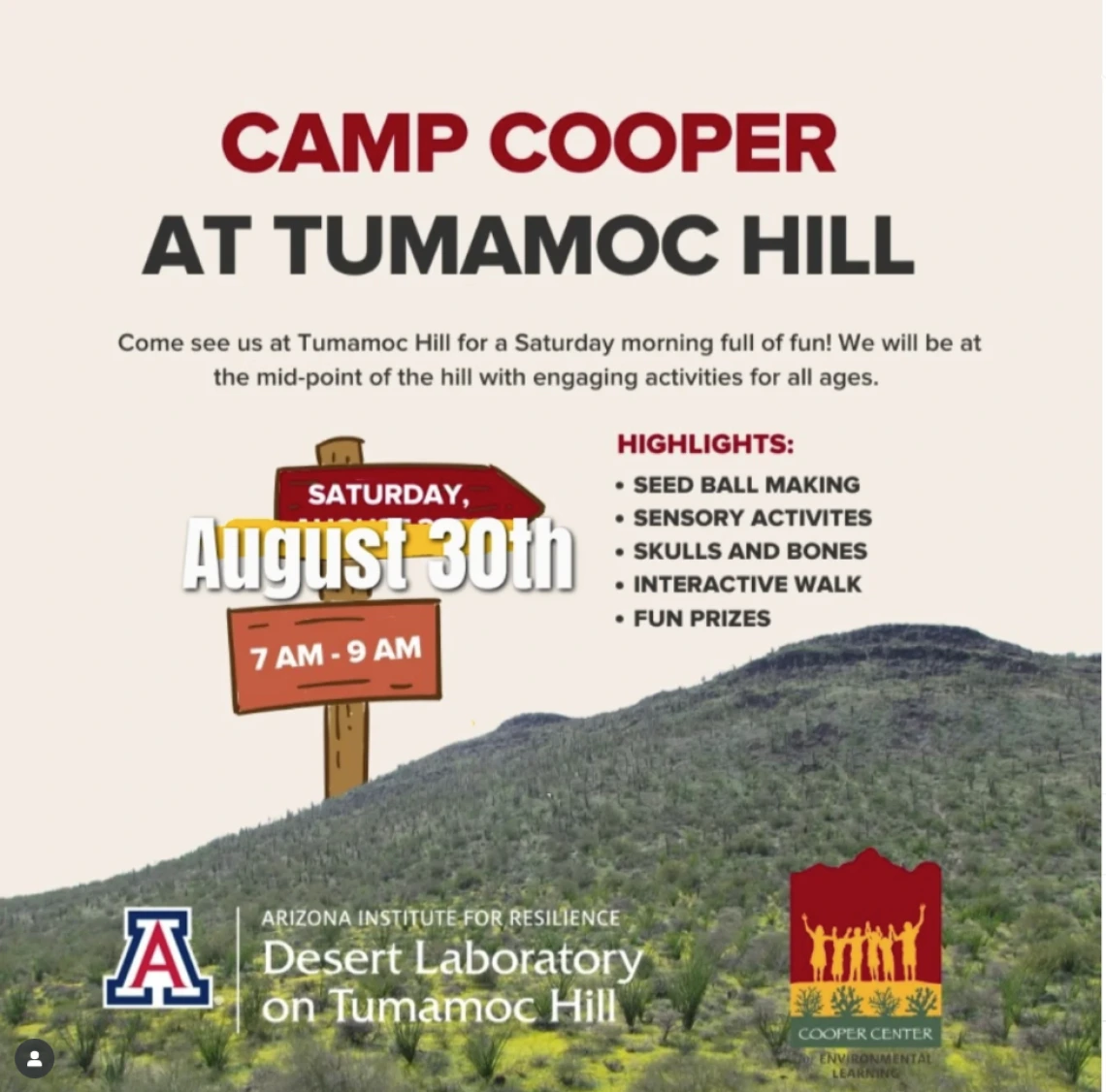 Updated flyer for the Camp Cooper X Tumamoc Hill event on Saturday, August 30th from 7am-9am