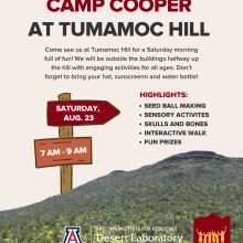 Flyer for Camp Cooper August 23rd, 7am to 9am event on Tumamoc Hill